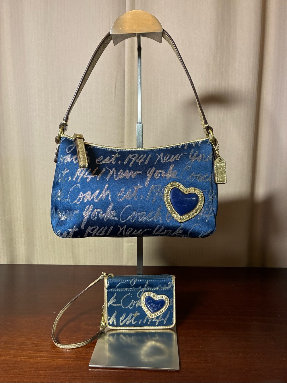 Coach Blue Script Shoulder Bag with Gold Heart Patch and Wristlet
